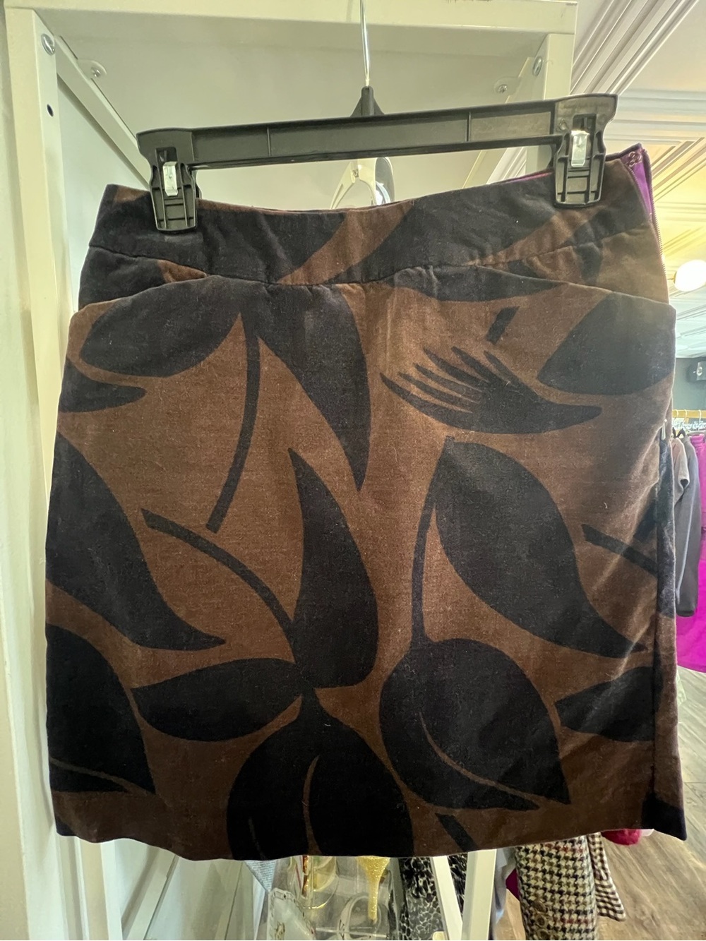 Boden Brown velvet Skirt with Black Leaf Pattern